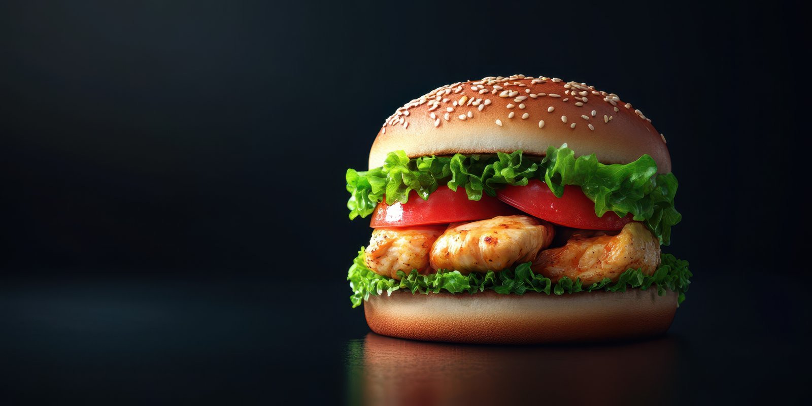 Juicy grilled chicken burger with fresh lettuce and tomatoes on a sesame seed bun against a dark background